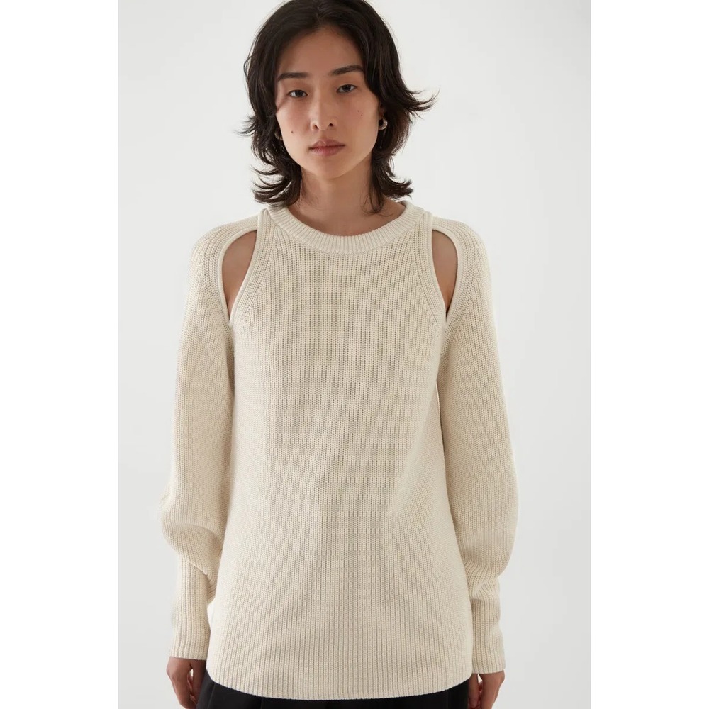 COS Womens Shoulder Cutout Balloon Sleeve Sweater Sz S Ivory Cotton‎ Minimalist